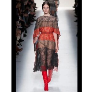 Valentino- Runway 2014 Multicolored Lace Sheer Cutout Cape Midi Dress